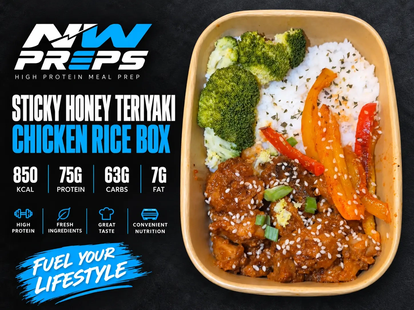 Sticky Honey Teriyaki Chicken Rice Box — NW PREPS meal artwork with nutrition and tray